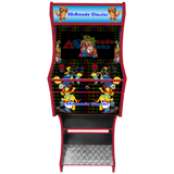 Front view of the Arcade Geeks 80s Classic two-player arcade machine with red trim and retro character artwork