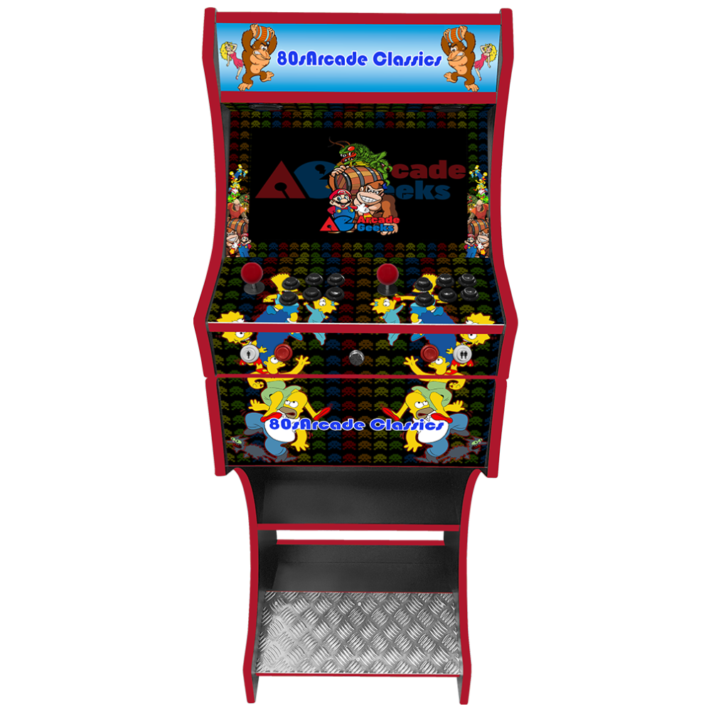 Front view of the Arcade Geeks 80s Classic two-player arcade machine with red trim and retro character artwork