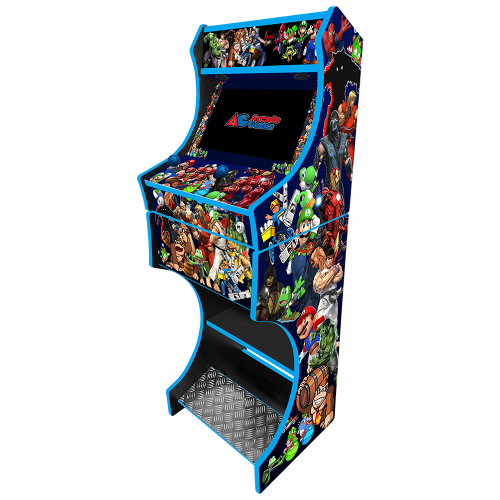 Side view of the Arcade Geeks Arcade Classics v2 machine and themed cabinet artwork