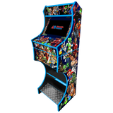 Side view of the Arcade Geeks Arcade Classics v2 machine and themed cabinet artwork