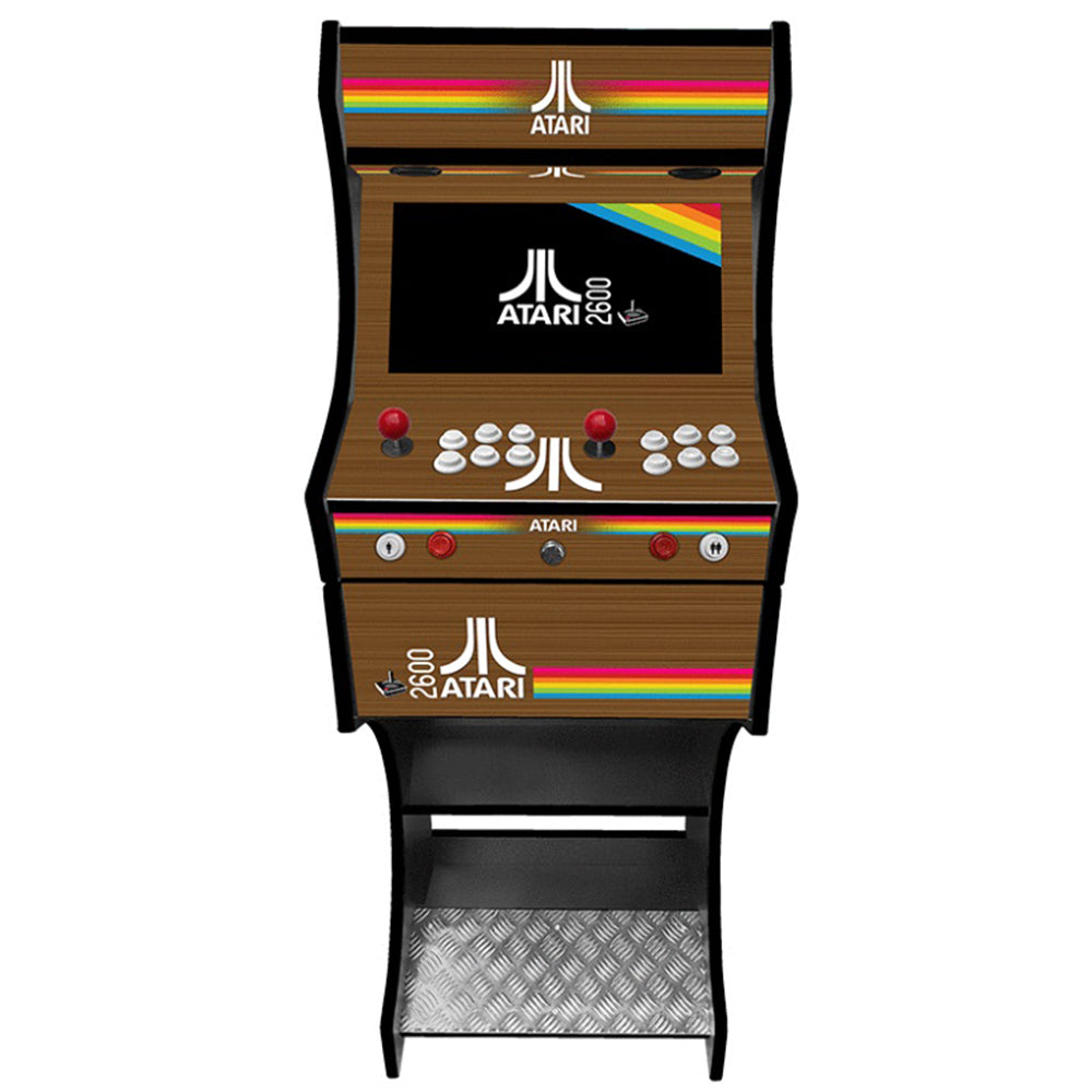 Front view of the Atari themed streamlined two-player arcade cabinet