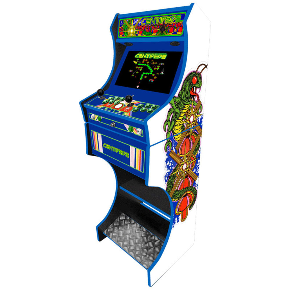 Centipede themed two-player arcade machine side angle view
