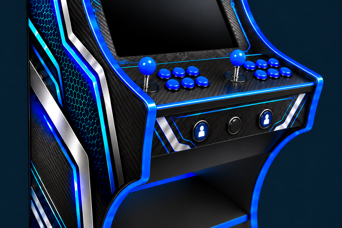 Close-up of electric-blue trim on an Arcade Geeks custom arcade machine