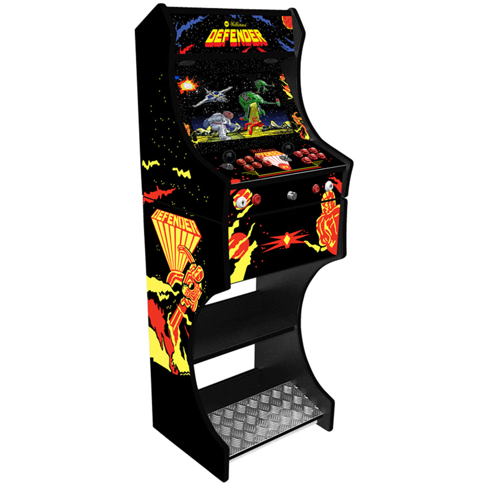Defender themed two-player arcade machine front angle view