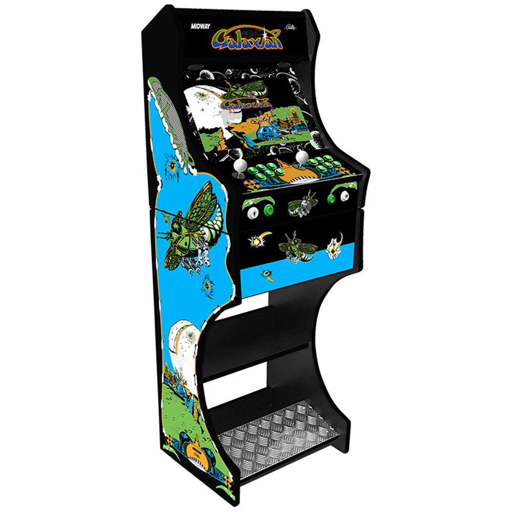 Galaxian themed two-player arcade machine front angle view