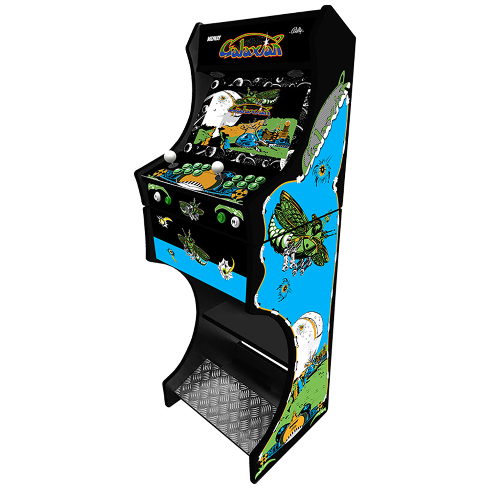 Galaxian themed two-player arcade machine side angle view
