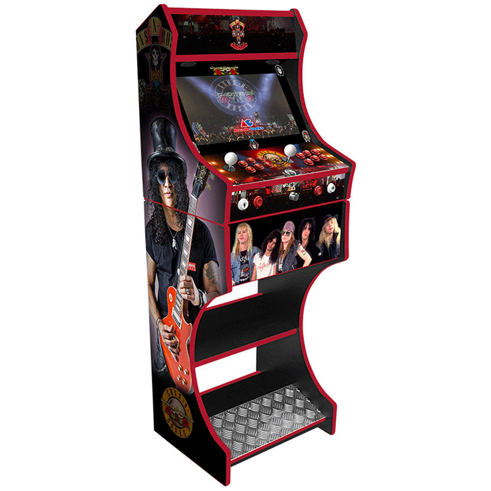 Guns and Roses themed two-player arcade machine front angle view