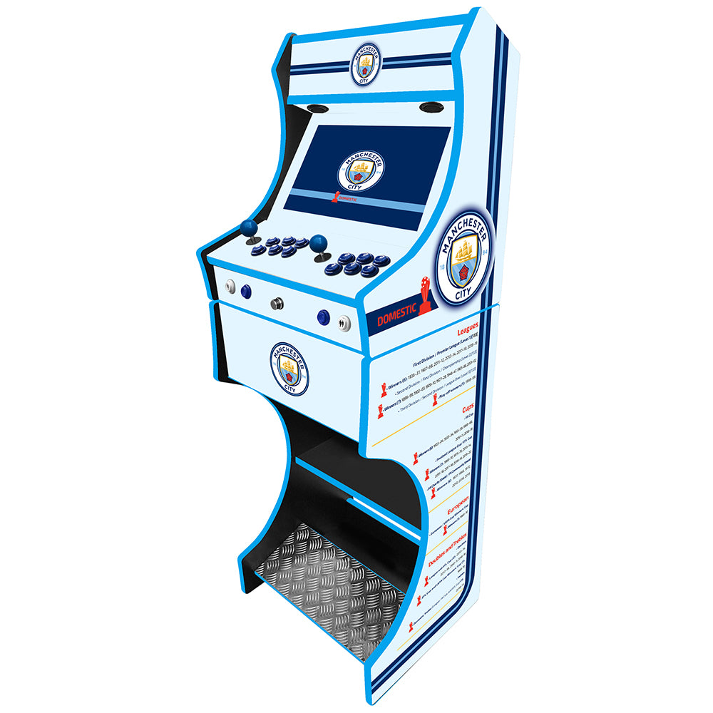 Manchester City themed arcade machine control panel close-up
