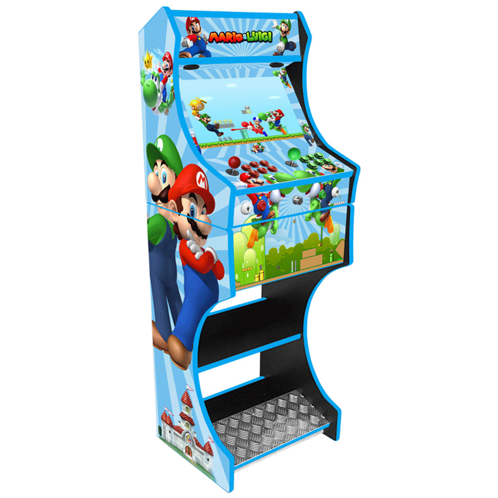 Mario and Luigi themed two-player arcade machine front angle view
