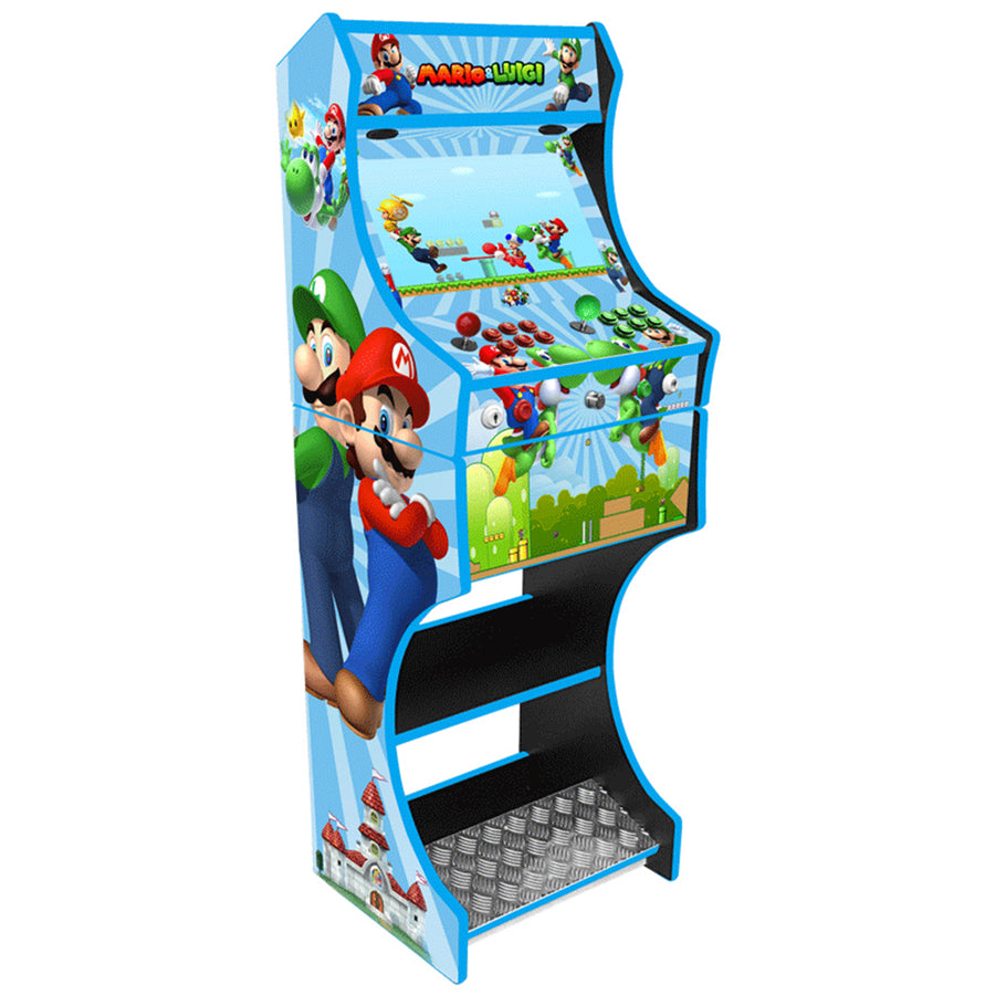 Mario and Luigi themed two-player arcade machine front angle view