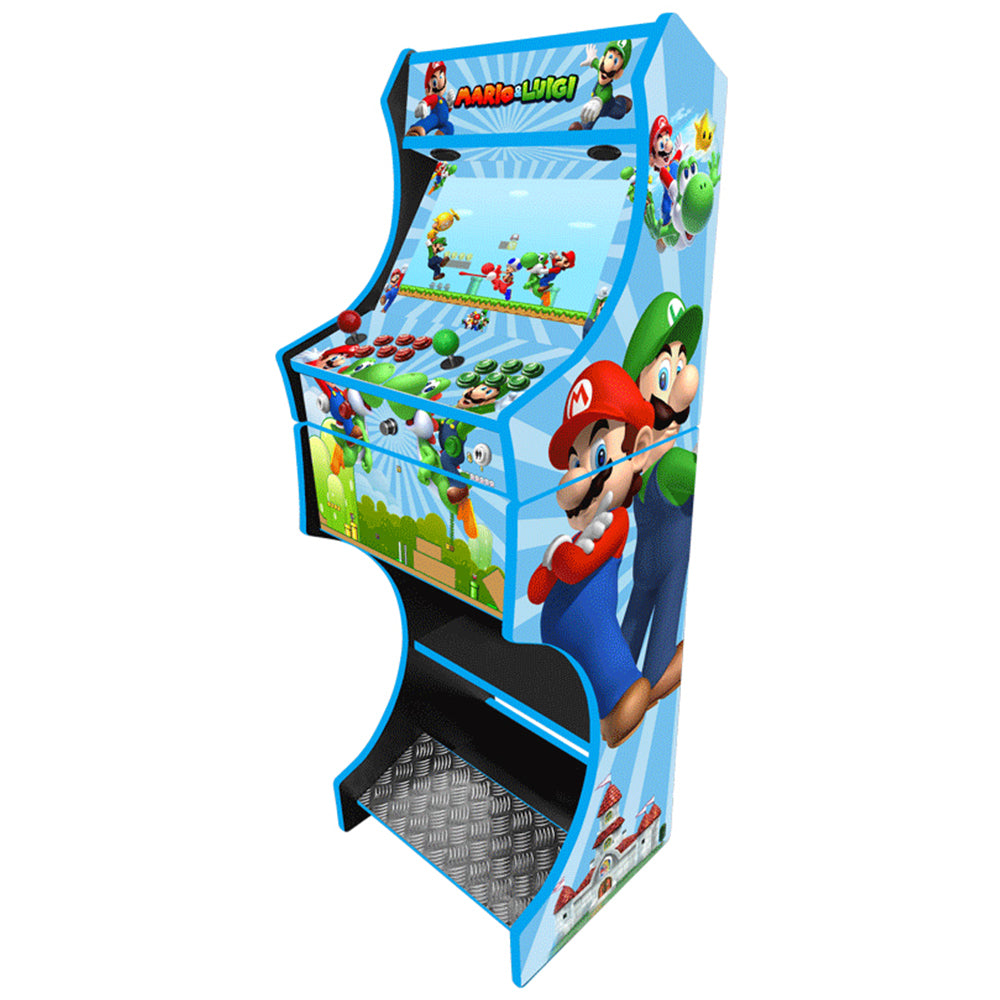 Mario and Luigi themed two-player arcade machine side angle view