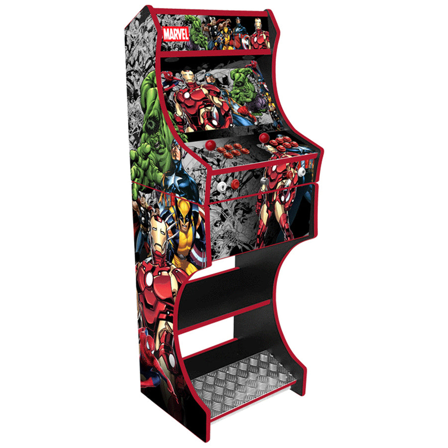 Marvel themed two-player arcade machine front angle view