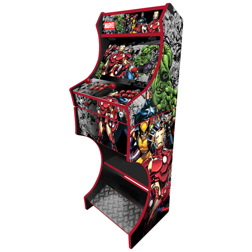 Marvel themed two-player arcade machine side angle view