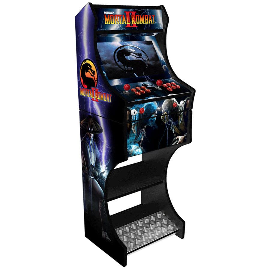Mortal Kombat themed two-player arcade machine front angle view