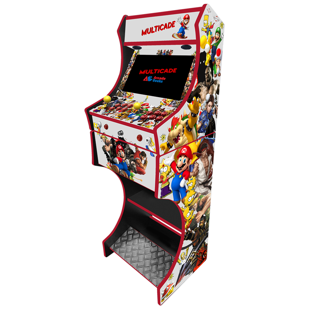 Multicade v2 themed two-player arcade machine side angle view