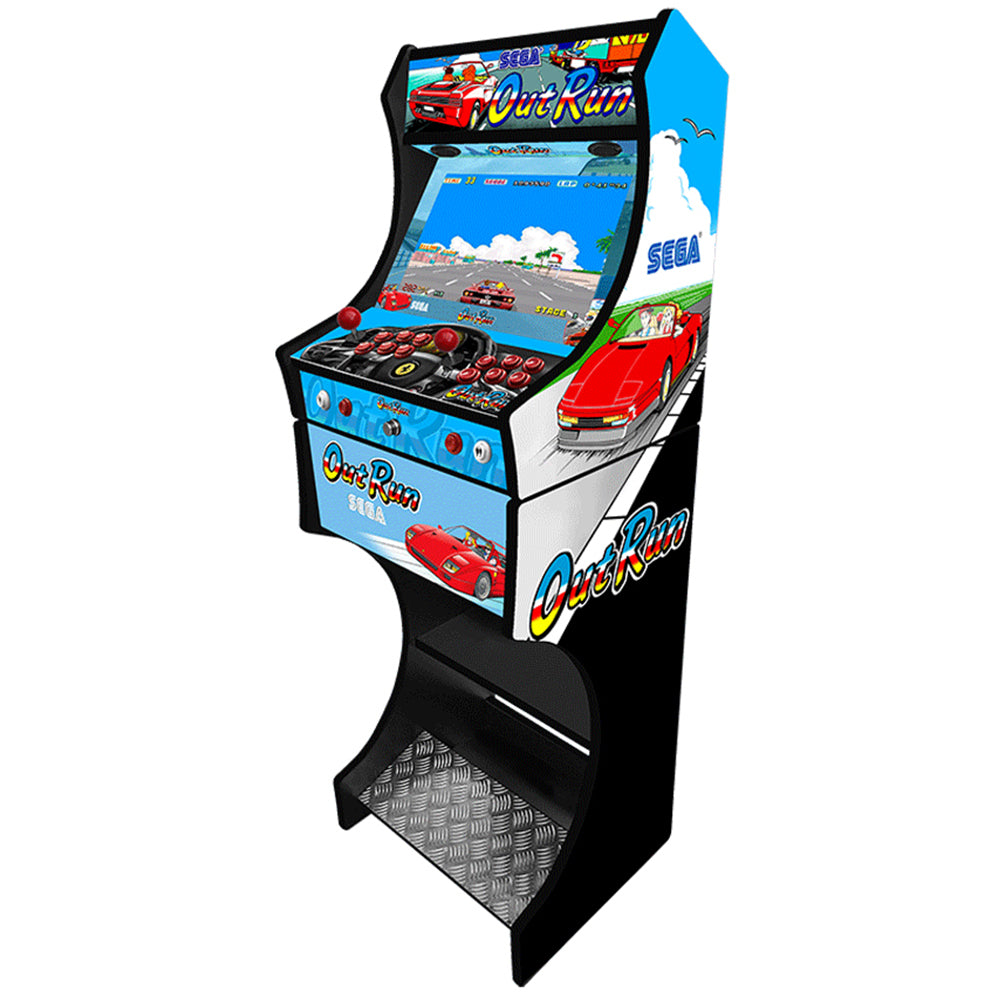 Outrun v1 themed arcade machine control panel close-up