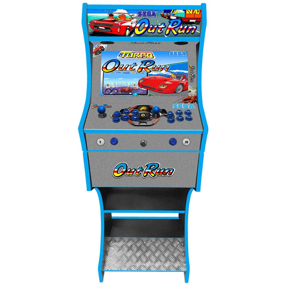 Outrun v2 themed arcade cabinet left side view
