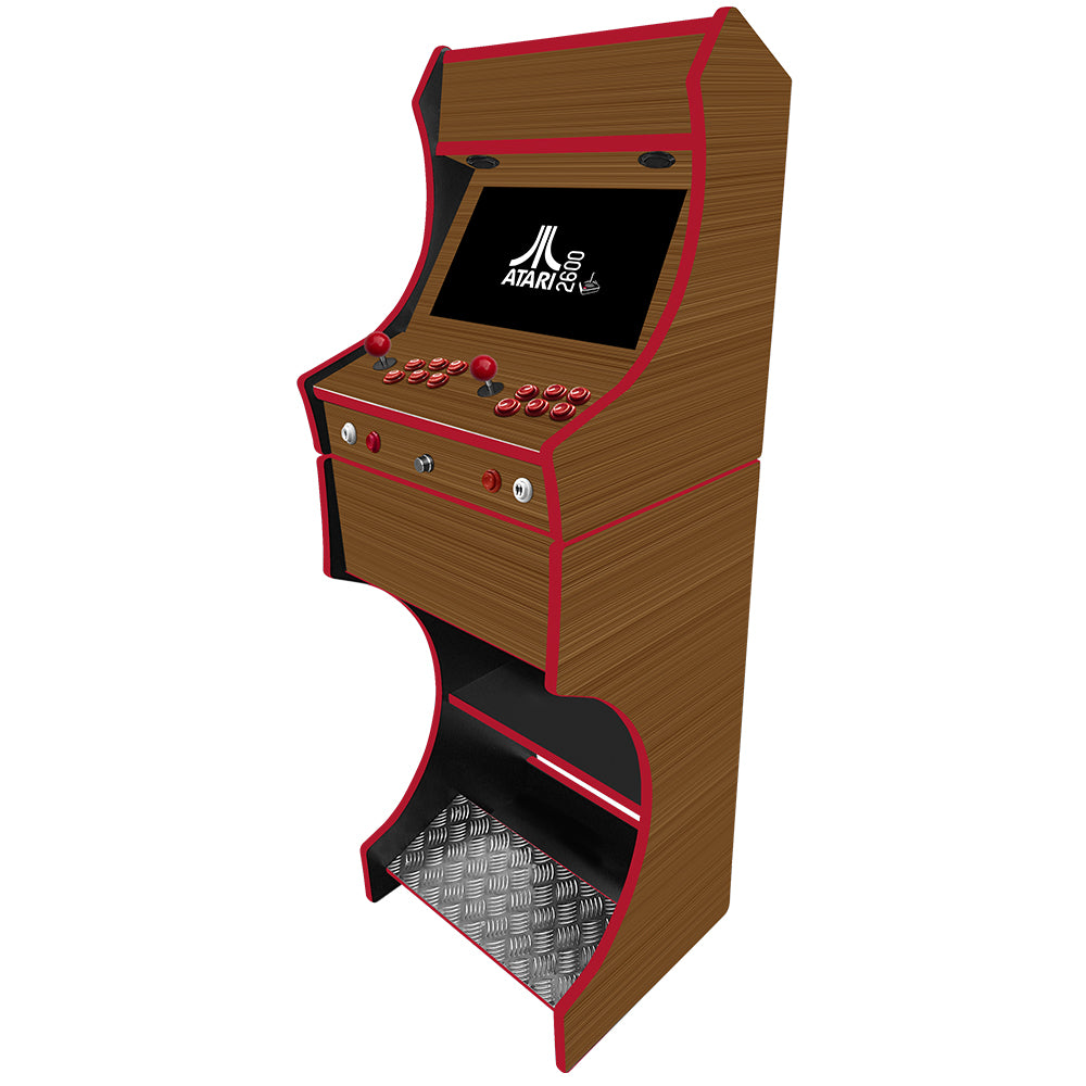 Wooden effect arcade machine control panel close-up