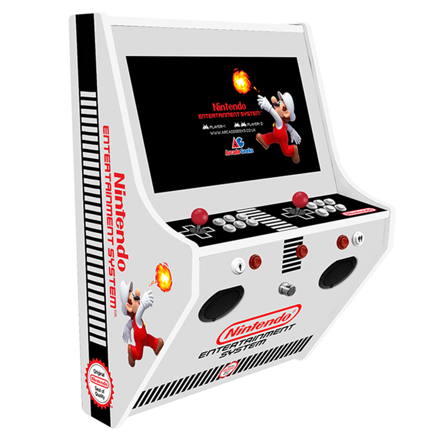 NES-themed wall-mounted two-player arcade machine front-left view