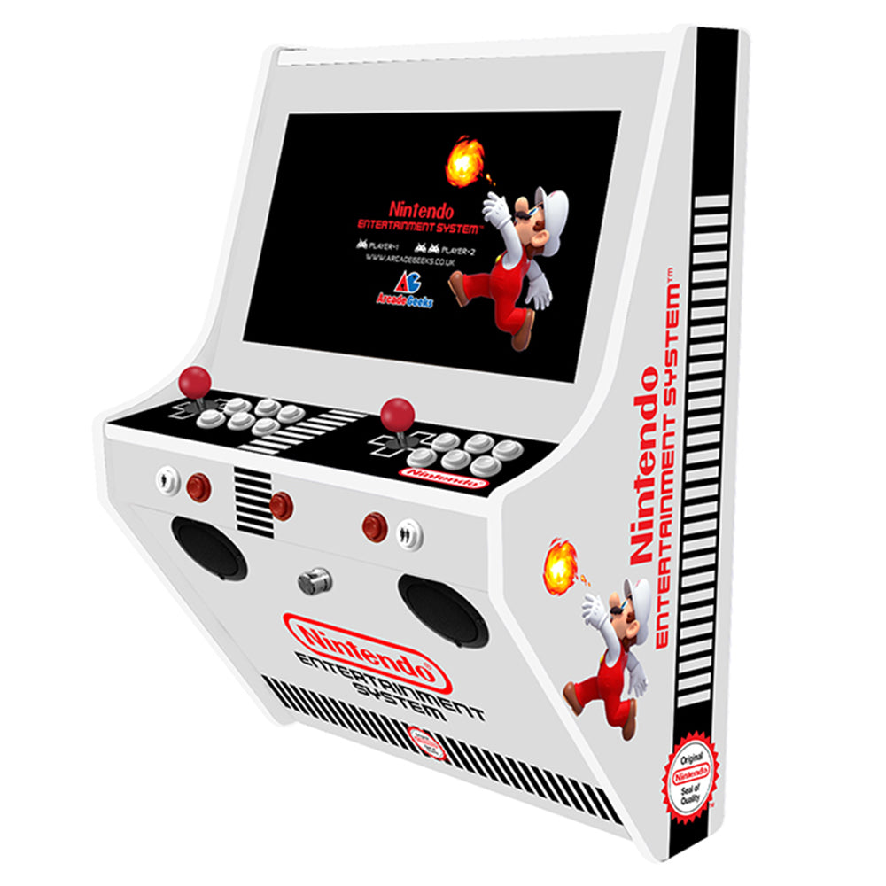 NES-themed wall-mounted two-player arcade machine front-right view