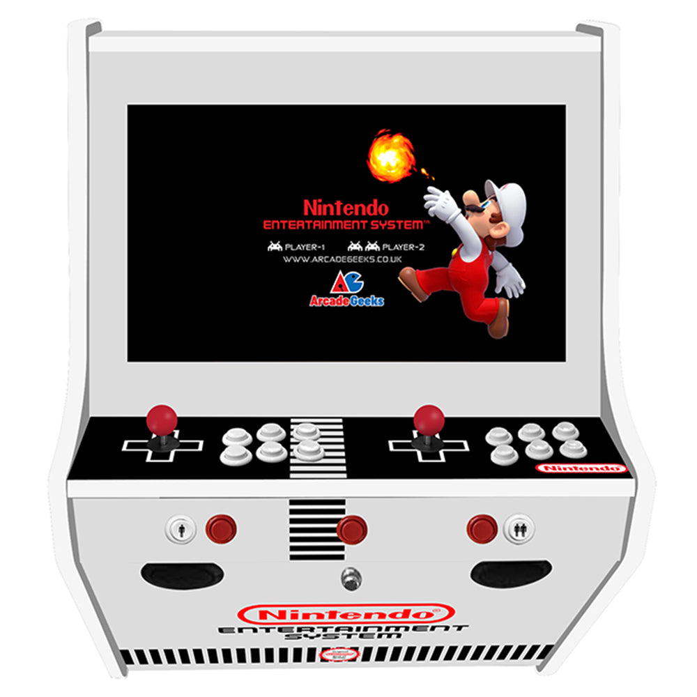 NES-themed wall-mounted two-player arcade machine front view