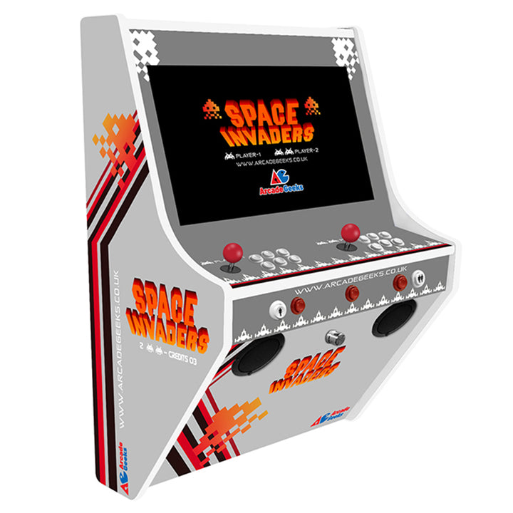 Space Invaders Pixels wall-mounted two-player arcade machine front-left view